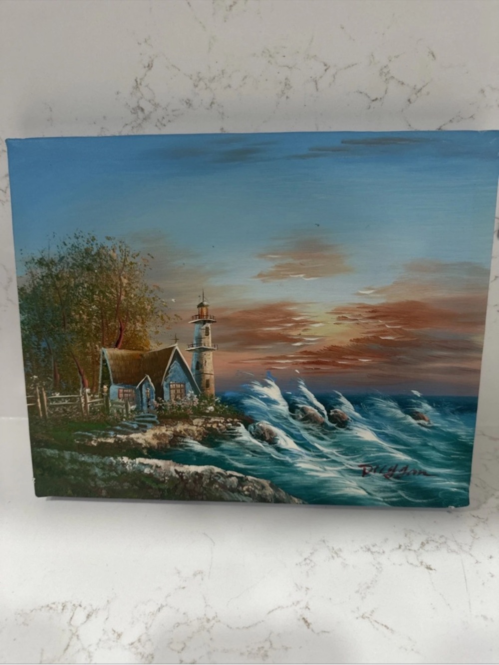 Vintage Seaside Painting With Crashing Waves  8” X 10” Signed